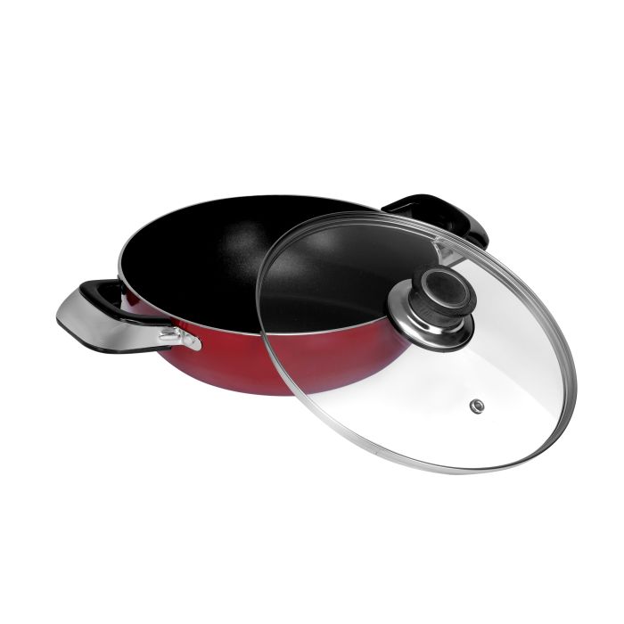 Royalford Aluminium Wok Pan with Glass Lid, 30 CM - Induction Safe Frying Pan with Durable Non-Stick Granite Coating | Dishwasher Safe |Frypan with Glass Lid & Heat-Resistant Handles - Cookware Casserole Pan