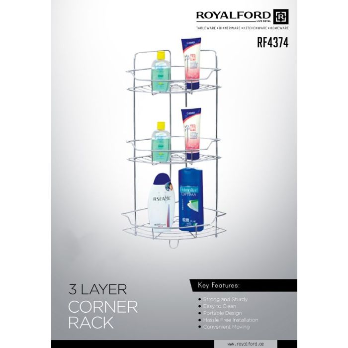 Royalford RF4374 3-Tier Corner Rack - Portable Design, Strong & Sturdy Material | Spice Rack Kitchen Bathroom Countertop Organizer Vanity Tray Cosmetic Makeup Storage Standing Shelf