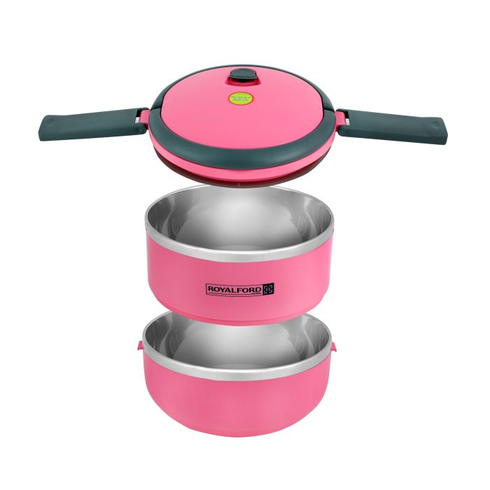 Royalford RF4673 Double Layer Lunch Box - Leak-Proof & Airtight Lid Food Storage Container - High-Quality Stainless Steel Inner, Non-Toxic and Extended Fastening Lid Design - Portable & Dishwasher Safe