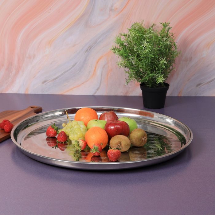 Royalford RF5345 22" Stainless Steel Group Serving Tray - Stackable Swirl Pattern Round Bar Tray Silver Platters for Serving Cocktails & Beverages at Parties, Restaurants, Bars, & Catering with Mirror Finish