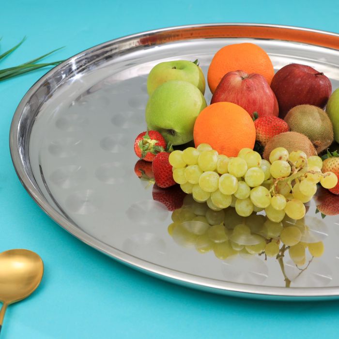 Royalford RF5345 22" Stainless Steel Group Serving Tray - Stackable Swirl Pattern Round Bar Tray Silver Platters for Serving Cocktails & Beverages at Parties, Restaurants, Bars, & Catering with Mirror Finish