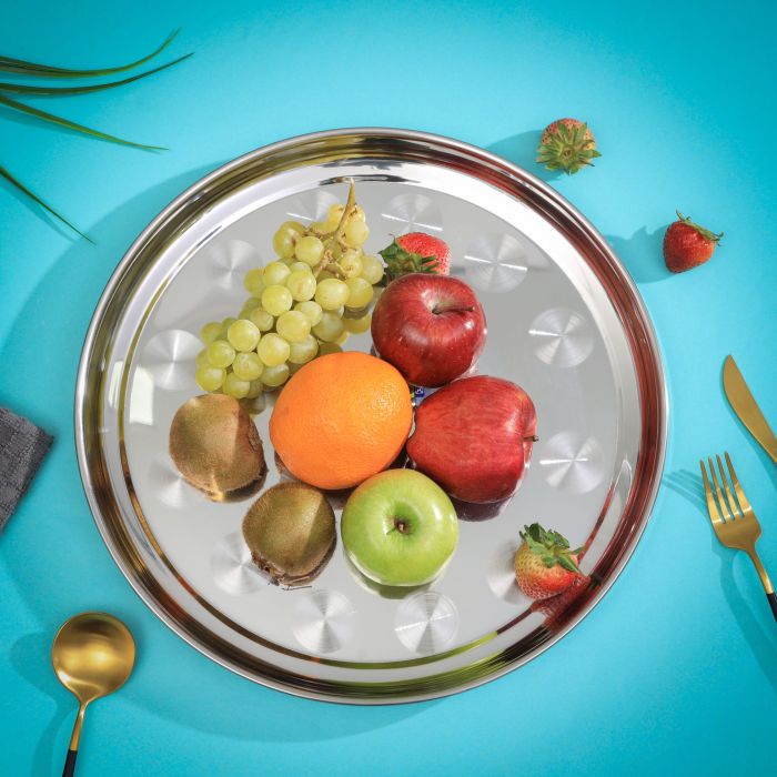 Royalford RF5345 22" Stainless Steel Group Serving Tray - Stackable Swirl Pattern Round Bar Tray Silver Platters for Serving Cocktails & Beverages at Parties, Restaurants, Bars, & Catering with Mirror Finish