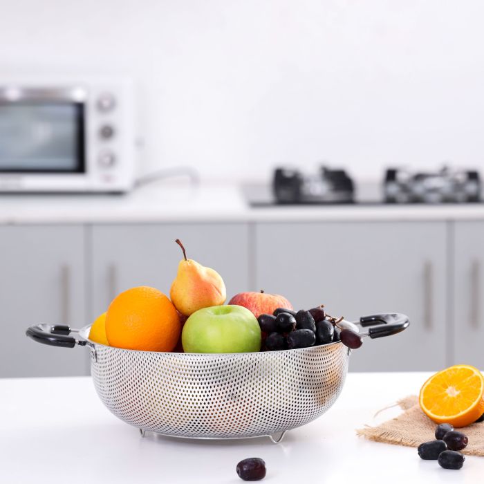 Royalford RF5405 Stainless Steel Micro-Perforated Colander - 28.5 CM Professional Colander for Food Fruit Vegetable & Pasta - Strainer with Heavy Duty Bakelite Handles & Self-draining Solid Tripod Ring Base