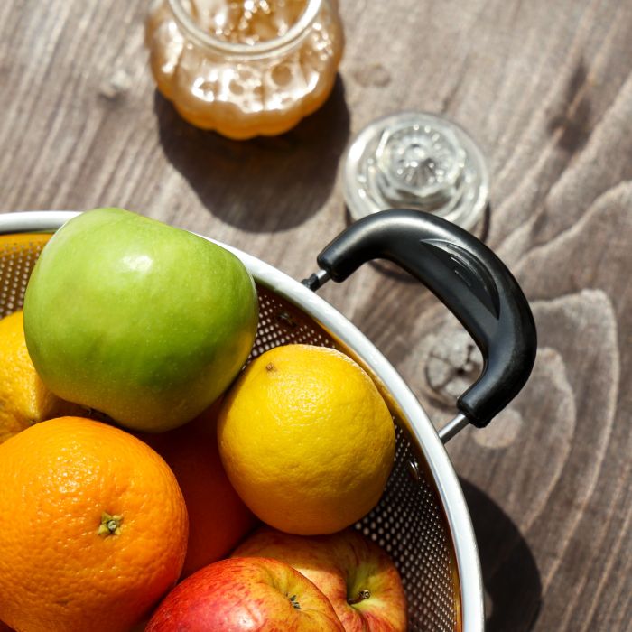 Royalford RF5405 Stainless Steel Micro-Perforated Colander - 28.5 CM Professional Colander for Food Fruit Vegetable & Pasta - Strainer with Heavy Duty Bakelite Handles & Self-draining Solid Tripod Ring Base