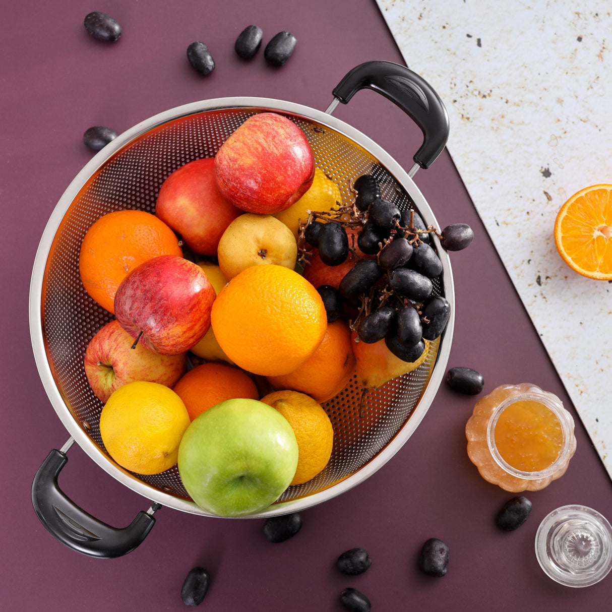 Royalford RF5405 Stainless Steel Micro-Perforated Colander - 28.5 CM Professional Colander for Food Fruit Vegetable & Pasta - Strainer with Heavy Duty Bakelite Handles & Self-draining Solid Tripod Ring Base