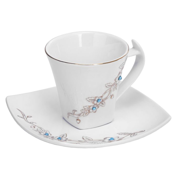 Royalford RF5728 12PCS Bone China Square Cup & Saucer Set - Ideal for Daily Use - Non-Toxic, Ecologically Tasteless, Smooth Surface, Translucent, Comfortable Grip and Lightweight - Pack of 6