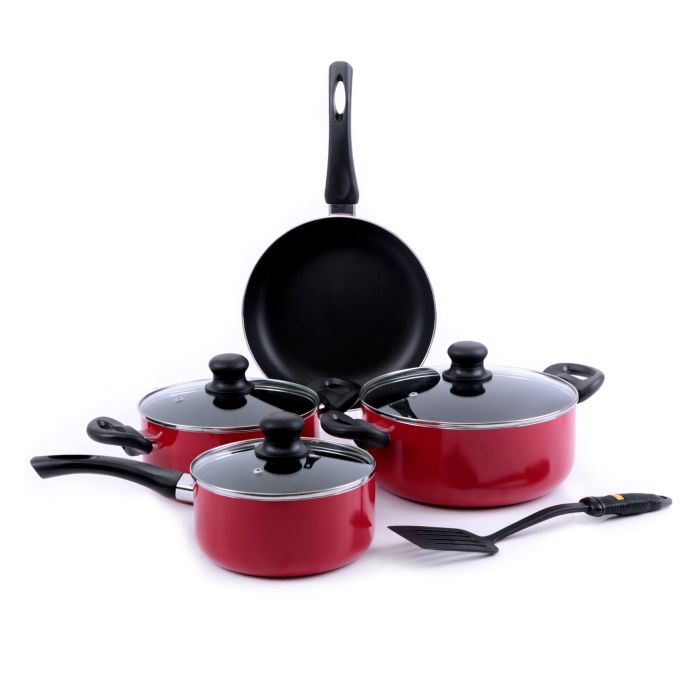 Royalford RF6082 8 Pcs Aluminum Non-Stick Cookware Set - Scratch Resistant, Tempered Glass Lids, 2.5MM Body Thickness, Bakelite Knobs, and CD Bottom