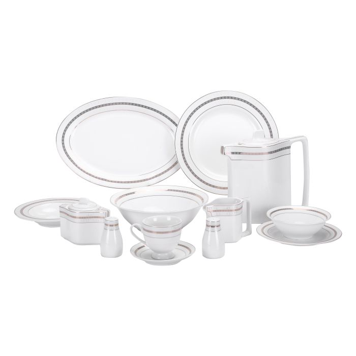 Royalford RF8396 47Pcs Ovation Fine Bone Round Dinner Set - Portable Design Plates, Bowl, Pot, Cups & Saucer | Comfortable Handling | Perfect for Everyday Use, & Get- Together, Restaurant, Banquet & More