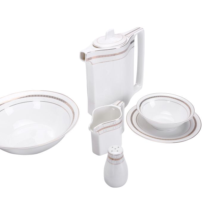 Royalford RF8396 47Pcs Ovation Fine Bone Round Dinner Set - Portable Design Plates, Bowl, Pot, Cups & Saucer | Comfortable Handling | Perfect for Everyday Use, & Get- Together, Restaurant, Banquet & More