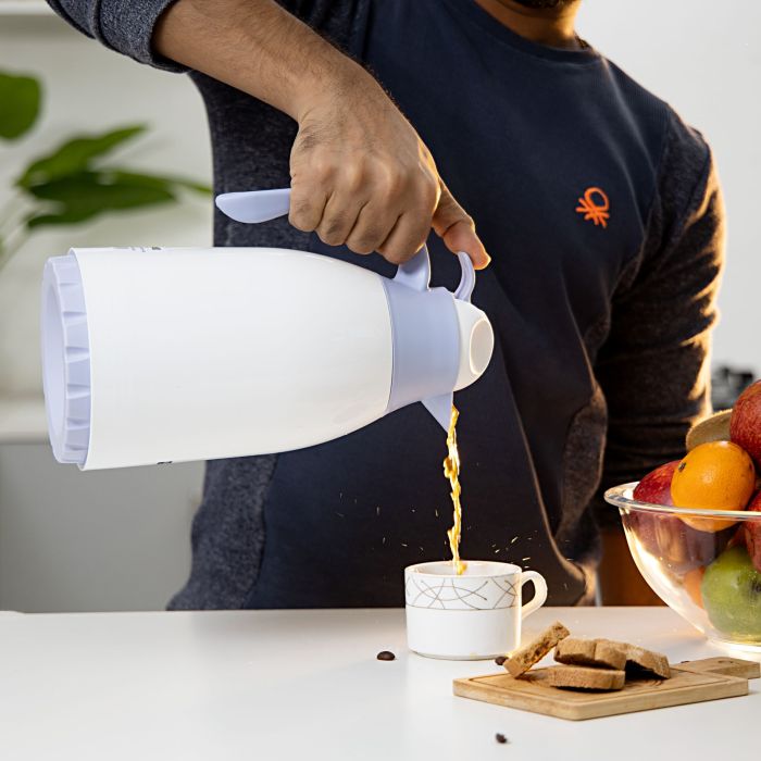 Royalford RF8556BL 1.3L Glass Vacuum Flask-Turkey/Blue - Durable & Portable| Leak-proof & Vacuum Insulation| Ideal for tea, coffee, juices, milkshakes, smoothies