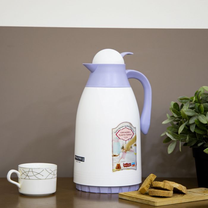 Royalford RF8556BL 1.3L Glass Vacuum Flask-Turkey/Blue - Durable & Portable| Leak-proof & Vacuum Insulation| Ideal for tea, coffee, juices, milkshakes, smoothies