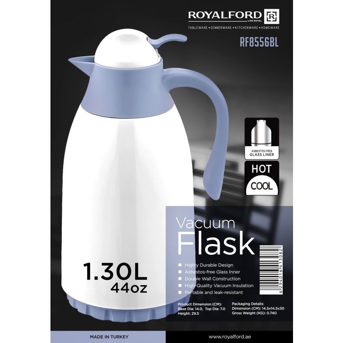 Royalford RF8556BL 1.3L Glass Vacuum Flask-Turkey/Blue - Durable & Portable| Leak-proof & Vacuum Insulation| Ideal for tea, coffee, juices, milkshakes, smoothies