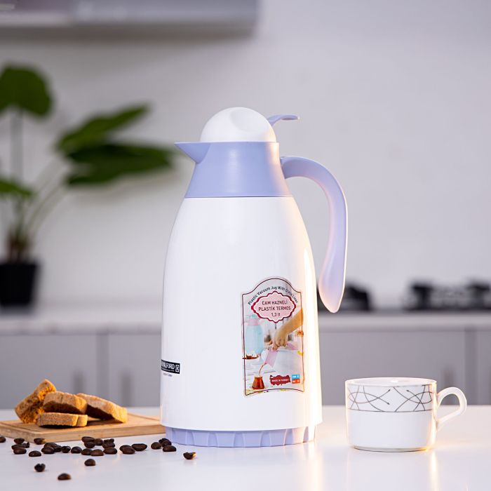 Royalford RF8556BL 1.3L Glass Vacuum Flask-Turkey/Blue - Durable & Portable| Leak-proof & Vacuum Insulation| Ideal for tea, coffee, juices, milkshakes, smoothies