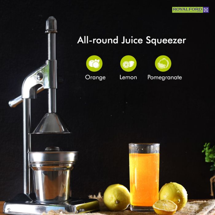 Royalford Citrus Juicer- RF8674| Set includes Aluminum Alloy Handles, Stainless Steel Cup and Strainer, and an Iron Base| Manual Juicer for making Orange Juice, Lemon, and so on