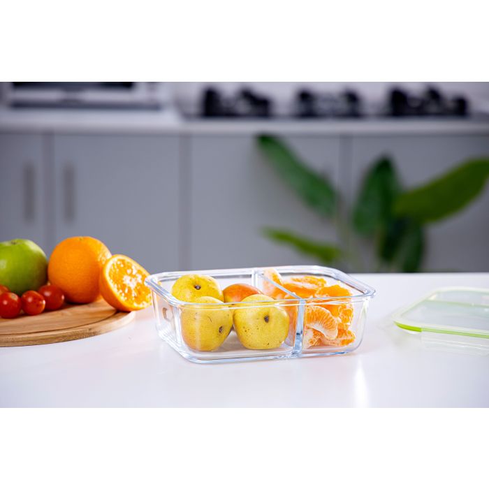 Royalford RF8817 1500 ML Glass Meal Prep Container | Reusable, Airtight Food Storage Box with 2 Compartments | Microwavable, Freezer, Oven & Dishwasher Safe | Use for Storage Food Container Bento Lunch Box