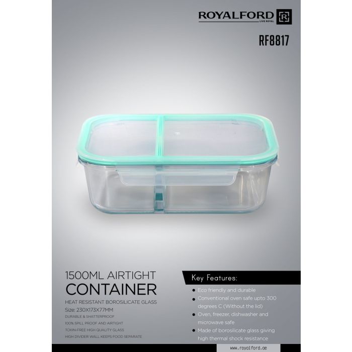 Royalford RF8817 1500 ML Glass Meal Prep Container | Reusable, Airtight Food Storage Box with 2 Compartments | Microwavable, Freezer, Oven & Dishwasher Safe | Use for Storage Food Container Bento Lunch Box