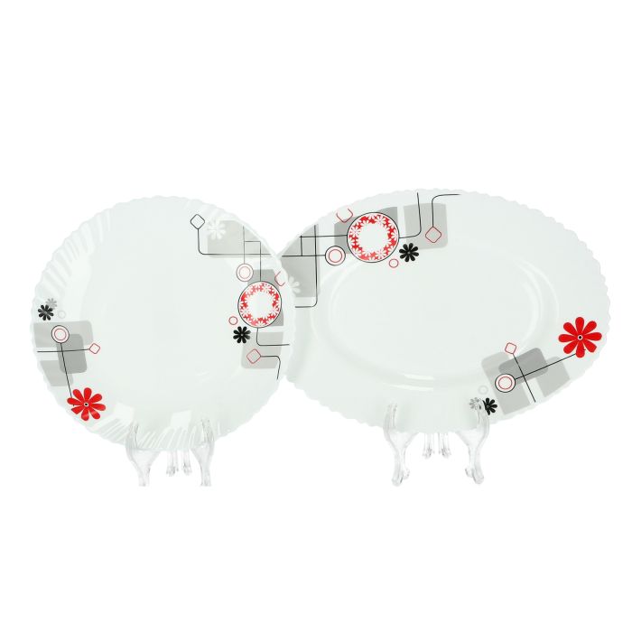 Royalford 33Pcs Opal Ware Dinner Set - Floral Design Plates, Bowls, Spoons | Comfortable Handling | Perfect for Family Everyday Use, & Family Get- Together, Restaurant, Banquet & More (Red & Green)