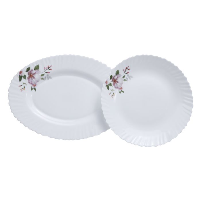 Royalford 34Pcs Opal Ware Dinner Set Floral Design Plates, Bowls, Spoons | Comfortable Handling | Perfect For Family Everyday Use, & Family Get Together, Restaurant, Banquet & More (White & Black)