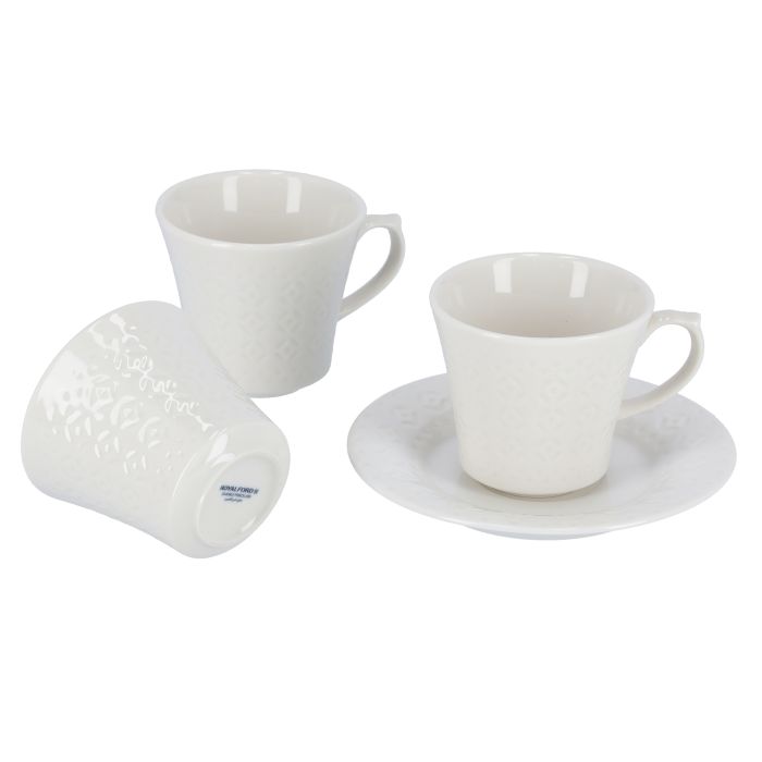 Royalford RF9242 12PCS Porcelain Cup & Saucer Set with Wooden Stand - Ideal for Daily Use - Non-Toxic, Ecologically Tasteless, Smooth Surface, Comfortable Grip and Lightweight
