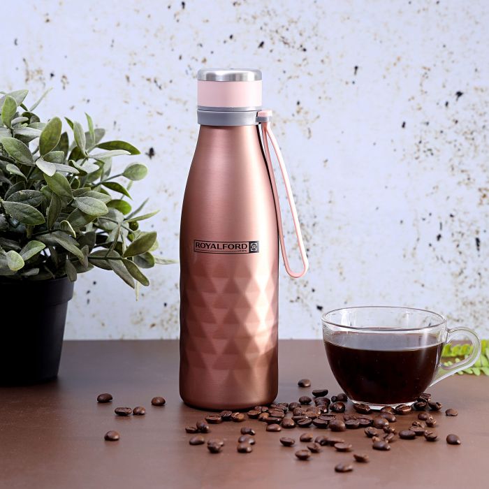 Royalford RF9671 700ml Stainless Steel Sports Water Bottle - Reusable Water Bottle Wide Mouth with Hanging Clip | Sports Bottle | Perfect while Travelling, Camping, Trekking & More | 1 Year Warranty (Rose Gold)