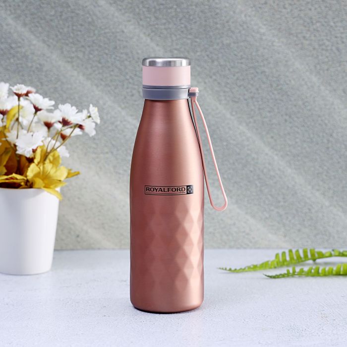 Royalford RF9671 700ml Stainless Steel Sports Water Bottle - Reusable Water Bottle Wide Mouth with Hanging Clip | Sports Bottle | Perfect while Travelling, Camping, Trekking & More | 1 Year Warranty (Rose Gold)