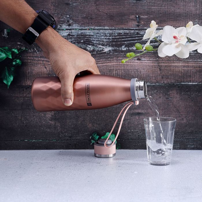 Royalford RF9671 700ml Stainless Steel Sports Water Bottle - Reusable Water Bottle Wide Mouth with Hanging Clip | Sports Bottle | Perfect while Travelling, Camping, Trekking & More | 1 Year Warranty (Rose Gold)