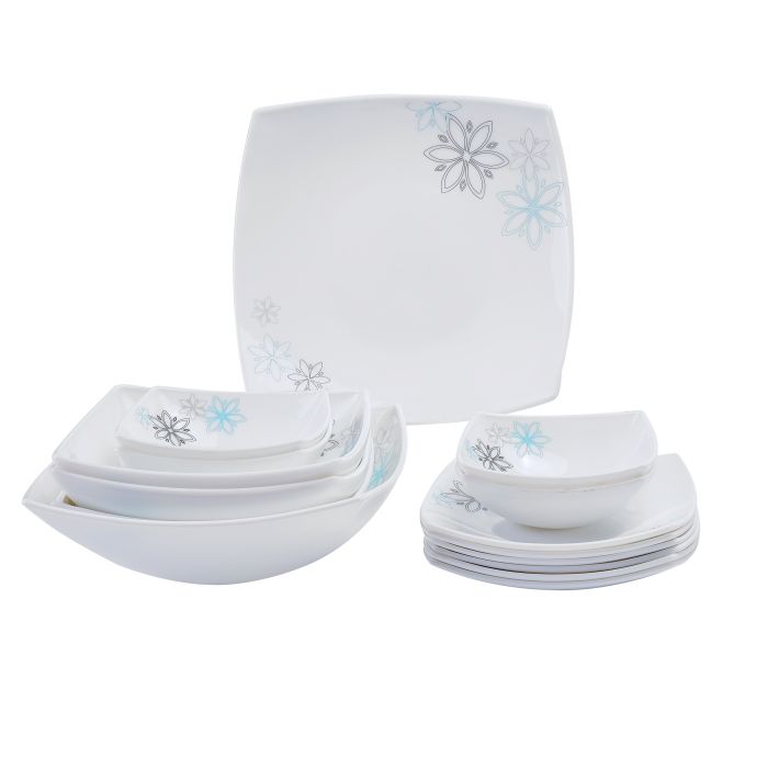 Royalford RF9753 27Pcs Opal Ware Dinner Set - Floral Design Plates, Bowls | Comfortable Handling | Perfect for family everyday use, & family Get- together, restaurant, banquet & More (Blue & Black Design)