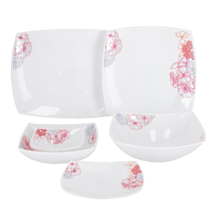 Royalford RF9754 27Pcs Opal Ware Dinner Set - Floral Design Plates, Bowls | Comfortable Handling | Perfect for family everyday use, & family Get- together, restaurant, banquet & More (Red & Blue Design)