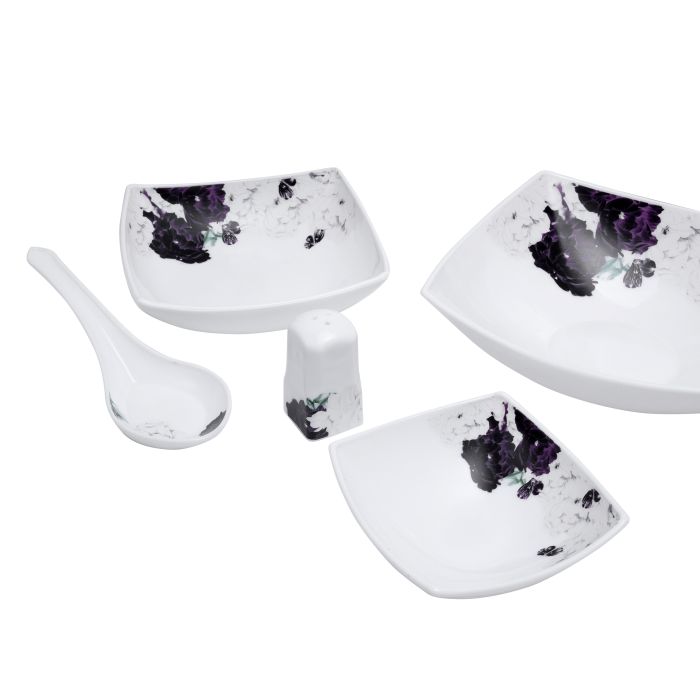 Royalford RF9757 71Pcs Opal Ware Dinner Set - Floral Design Plates, Bowls, Spoons & Salt & Pepper Set | Comfortable Handling | Ideal for Everyday Use, Family Get- Together, Restaurant, Banquet (Purple Design)