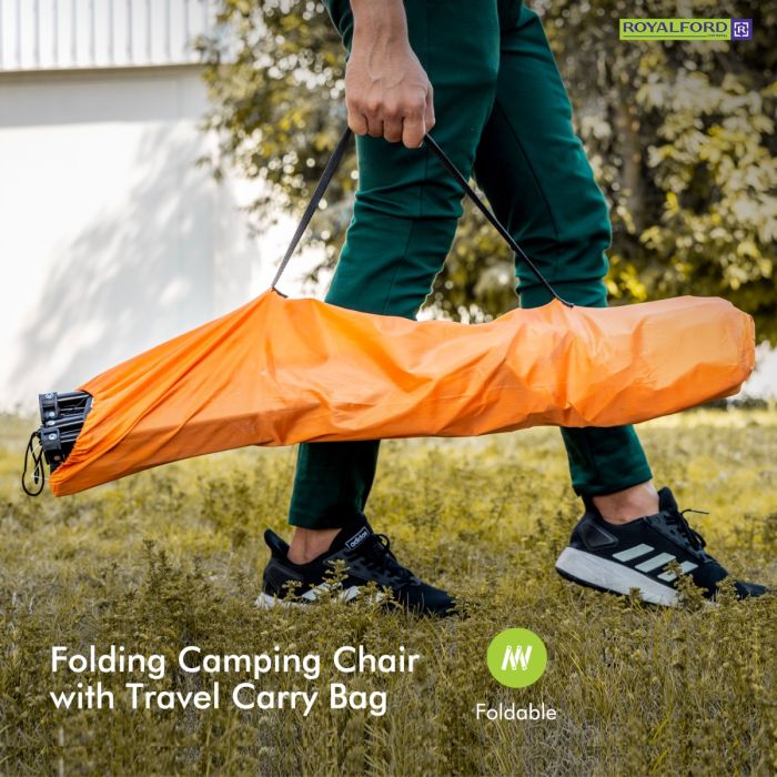 Royalford Camping Chair with Carrying Bag Foldable - Compact, Foldable & Heavy Duty Frame | Cup Holder, Storage Pocket | Shoulder Travel Bag, with 265Lbs Capacity | Ideal for Outdoor, Festival, & Beach Use