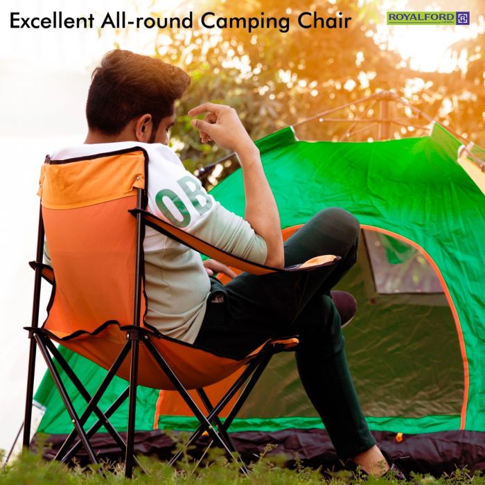 Royalford Camping Chair with Carrying Bag Foldable - Compact, Foldable & Heavy Duty Frame | Cup Holder, Storage Pocket | Shoulder Travel Bag, with 265Lbs Capacity | Ideal for Outdoor, Festival, & Beach Use