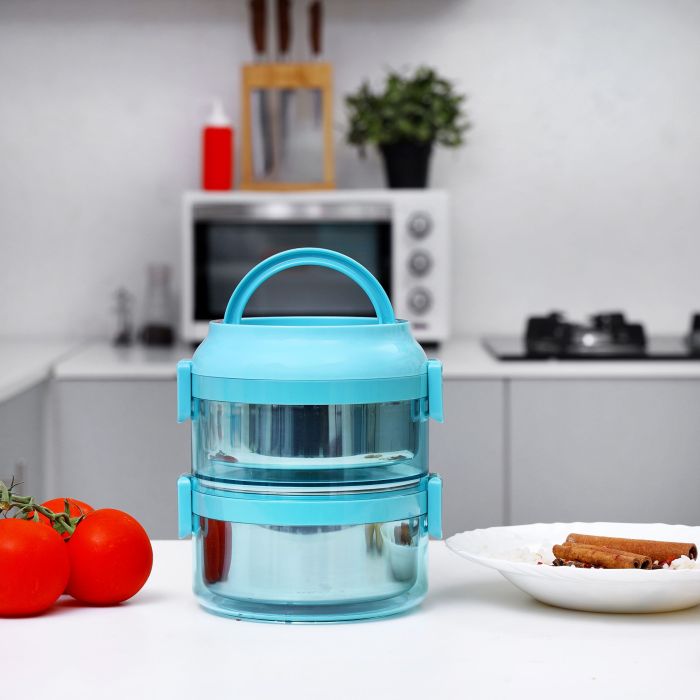 Royalford RF9795 1.6L 2 Layer Lunch Box - Portable Stainless Steel Inner case BPA Free with Detachable Outer Case Stackable Box Container | Foldable Handle | Leak Proof | Ideal for Men, Women & Children