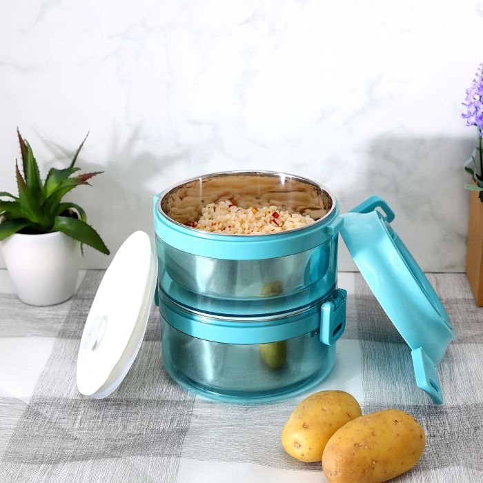 Royalford RF9795 1.6L 2 Layer Lunch Box - Portable Stainless Steel Inner case BPA Free with Detachable Outer Case Stackable Box Container | Foldable Handle | Leak Proof | Ideal for Men, Women & Children