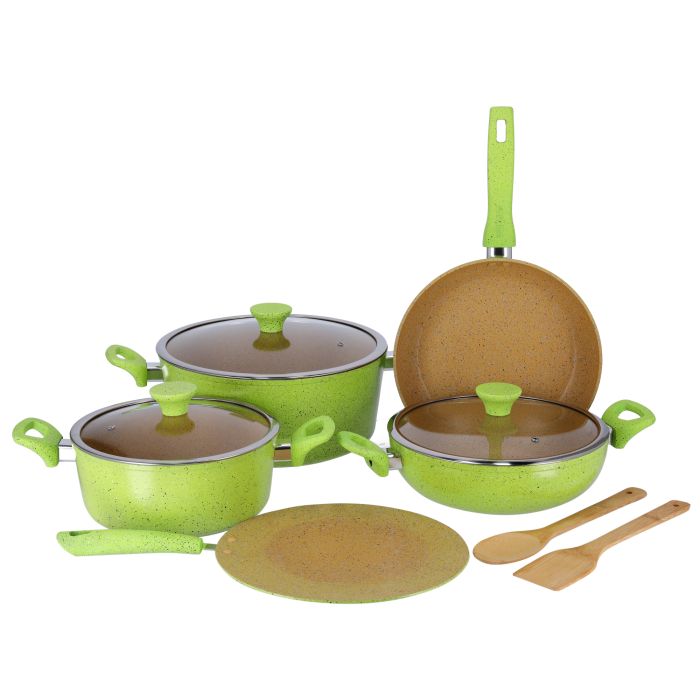 Royalford RF9838 10Pcs Forged Aluminium Cookware Set - 3 Layer Granite Coating Saucepan with lid, Fry Pan, Casseroles with Lids | Cool Handles