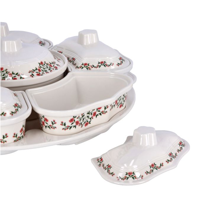 Royalford RF9993 14Pcs Revolving Serving Tray - Appetizer and Condiment Server Divided Serving Dishes with Lids | Perfect for Chips, Dip, Veggies, Curries, Candy, Snacks & More