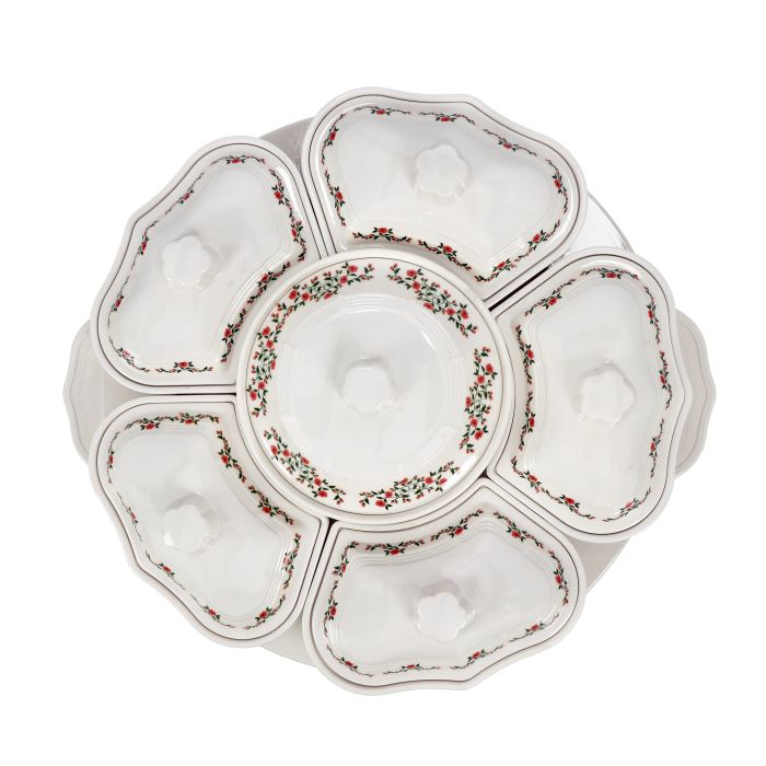 Royalford RF9993 14Pcs Revolving Serving Tray - Appetizer and Condiment Server Divided Serving Dishes with Lids | Perfect for Chips, Dip, Veggies, Curries, Candy, Snacks & More