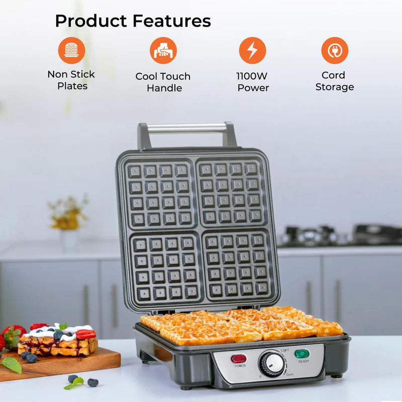 Geepas 4 Slice Waffle Maker GWM36503UK | 1100W Power | Non-Stick Coating Plates | Adjustable Temperature Control | Cool Touch Housing | Durable | 2 Years Warranty