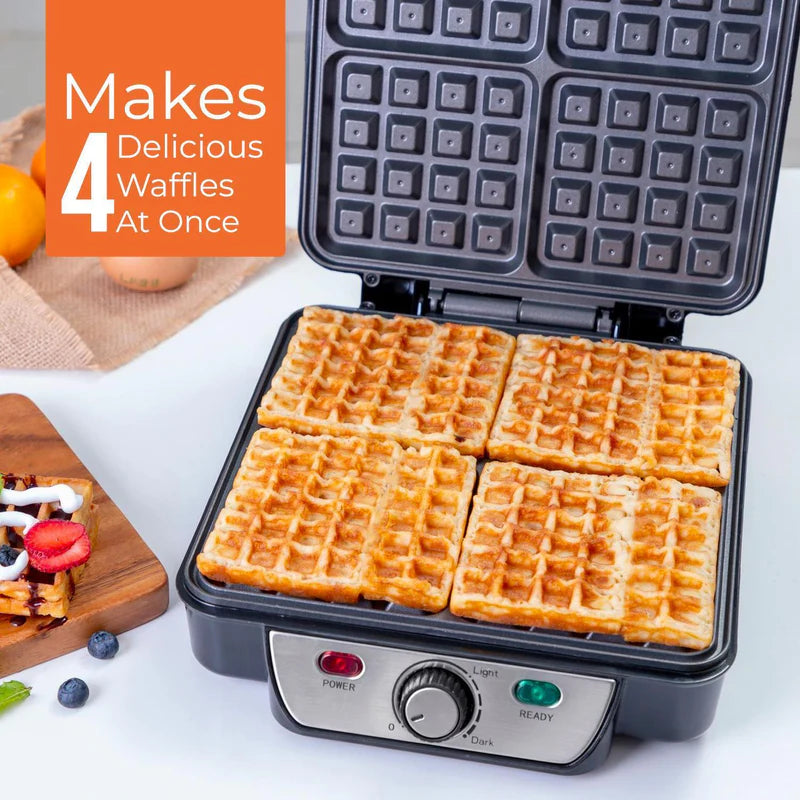 Geepas 4 Slice Waffle Maker GWM36503UK | 1100W Power | Non-Stick Coating Plates | Adjustable Temperature Control | Cool Touch Housing | Durable | 2 Years Warranty