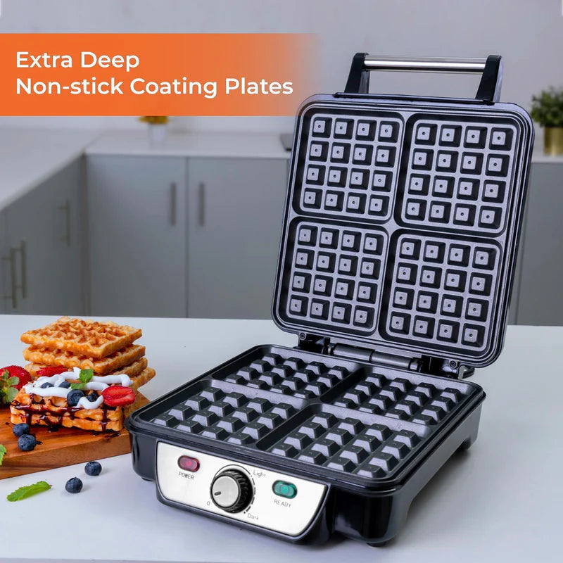 Geepas 4 Slice Waffle Maker GWM36503UK | 1100W Power | Non-Stick Coating Plates | Adjustable Temperature Control | Cool Touch Housing | Durable | 2 Years Warranty