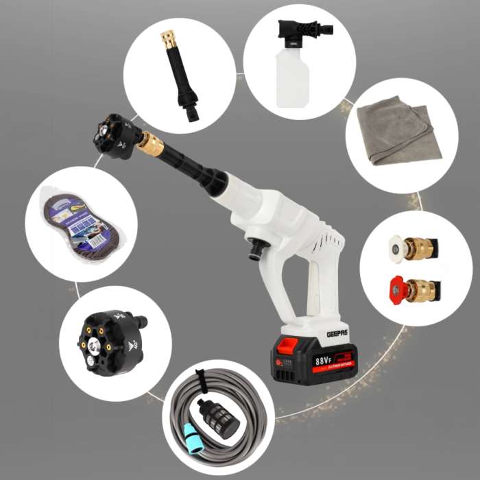 Geepas GCW19042 Rechargeable Portable Washer | 21V 2600mAh Battery, 7.5m High Pressure Hose | Pure Copper Motor, Multiple Spray Modes, Durable Design, 2 Years Warranty