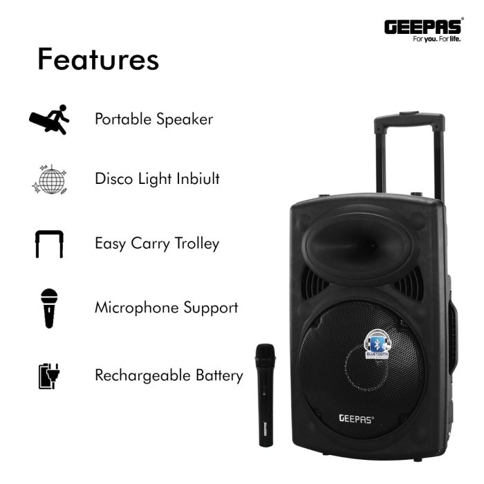 Geepas GMS8519 Rechargeable Trolley Bluetooth Speaker 40000W | 12" Woofer | with Wireless Microphones & LED Lights