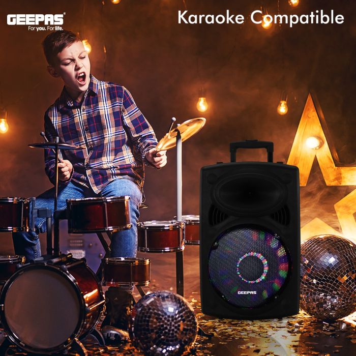 Geepas GMS8519 Rechargeable Trolley Bluetooth Speaker 40000W | 12" Woofer | with Wireless Microphones & LED Lights