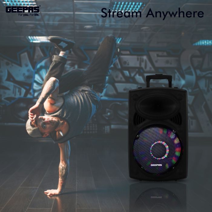 Geepas GMS8519 Rechargeable Trolley Bluetooth Speaker 40000W | 12" Woofer | with Wireless Microphones & LED Lights