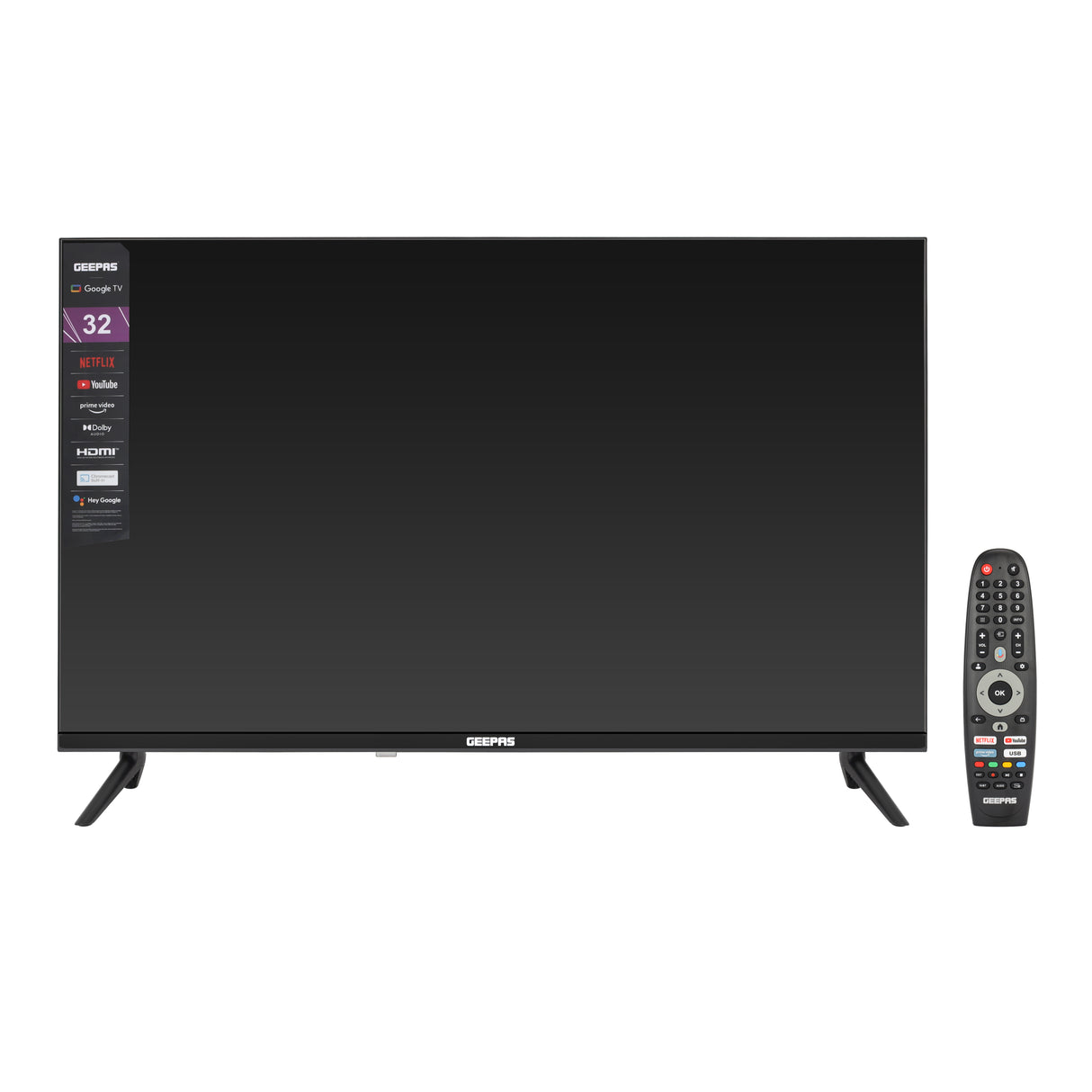 Geepas 32" Google TV- GLED3214SGXHD/ Dolby Audio, Ultra HD LED, Built In Chromecast/ with Remote Control, HDMI and USB Ports