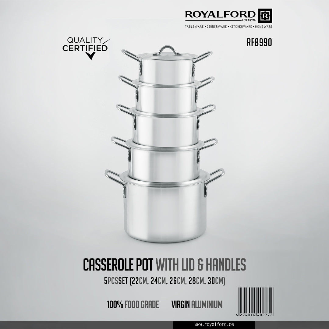 Royalford RF8990 5-Piece Aluminium Casserole Pot Set with Lids & Handles |  22cm, 24cm, 26cm, 28cm & 30cm | 100% food-grade virgin aluminium | Lightweight yet durable
