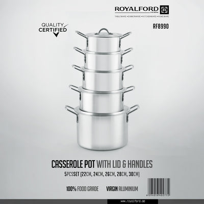 Royalford RF8990 5-Piece Aluminium Casserole Pot Set with Lids & Handles |  22cm, 24cm, 26cm, 28cm & 30cm | 100% food-grade virgin aluminium | Lightweight yet durable