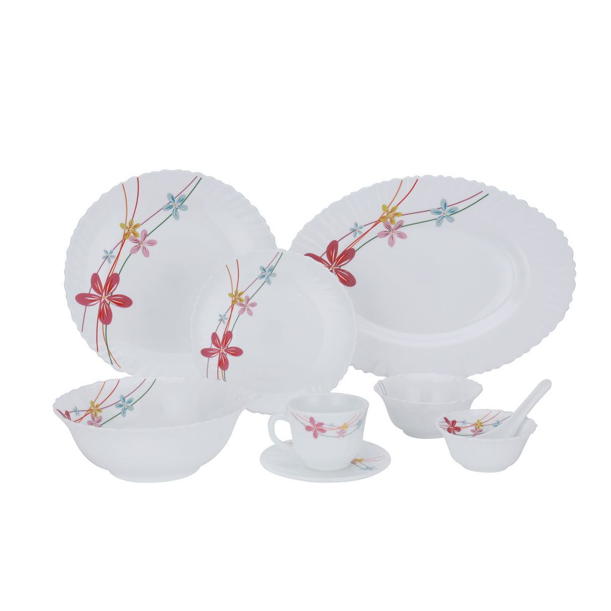 Royalford RF10200 Opalware Dinner Set 50 Pcs | Premium Assorted Design Dinnerware with Plates, Bowls, Cups & Saucers for Home, Family Dining, Guests & Daily Use