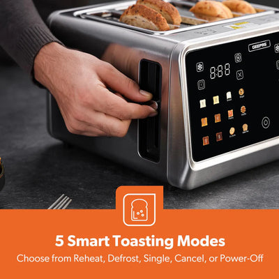 Geepas Digital 4-Slice Toaster- GBT36569UK/ 6 Modes, Removable Crumb Tray and Stainless Steel Housing, Defrost, Reheat and Cancel Functions/  2 Years Warranty, Silver