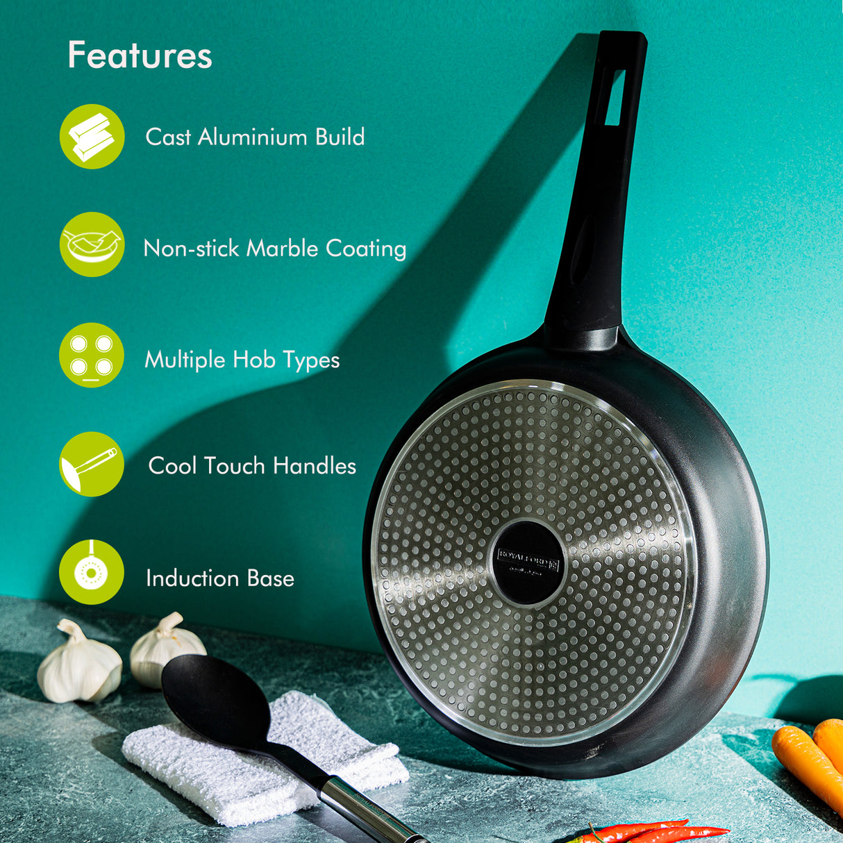 Royalford RF8593 20CM Die Cast Aluminium Fry Pan | Marble Non-Stick Coating | Induction Compatible Bottom | Soft Touch Bakelite Handle | Durable & Dishwasher Safe Pan