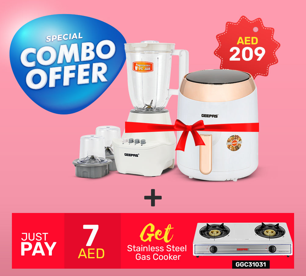 GEEPAS 3.5 LTR Air Fryer, 3 in 1 Blender Set & Stainless Steel 2 Burner Gas Stove Combo